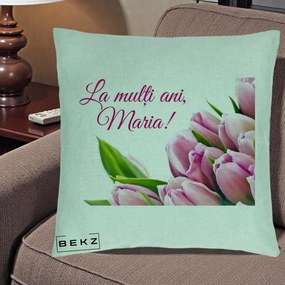 Cadou de Onomastica - Perna Personalizata La Multi Ani Maria Lalele, 40x40 cm, Verde Menta, Husa Detasabila, Perna Inclusa, BEKZ®