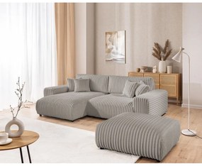 Colțar gri deschis extensibil, cu spațiu de depozitare, cu tapițerie din catifea reiată (cu colț pe partea stângă) Sarina – Ropez