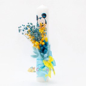 Lumanare botez cu flori uscate si spice de grau, Mickey, Bleu, 35x6 cm - LPB-305