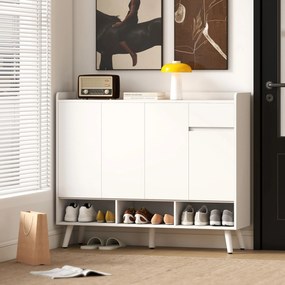 HOMCOM Dulap pentru pantofi cu design fără mânere, 4 uși, 4 rafturi reglabile, raft independent pentru pantofi cu 5 picioare din lemn, lemn, Alb | Aosom Romania
