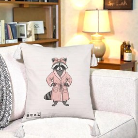 Perna Decorativa Albinuta Kawaii Vesela, 40x40 cm, Bej cu Franjuri, Husa Detasabila, Perna Inclusa, BEKZ®