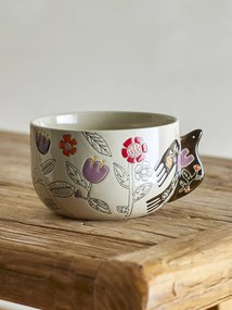 Set 4 boluri din ceramică artizanală, natur, pictate manual cu motive florale și pasăre, 13x8 cm, „Vivielle"