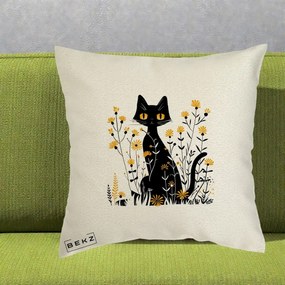 Perna Decorativa Pisica Neagra Ochi Galbeni Flori Galbene, 40x40 cm, Ecru, Husa Detasabila, Perna Inclusa, BEKZ®