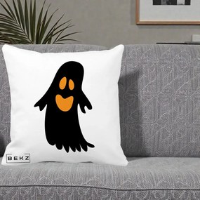 Perna Decorativa Halloween Fantoma Neagra cu Ochi Portocalii, 40x40 cm, Alba Mata, Husa Detasabila, Perna Inclusa, BEKZ®