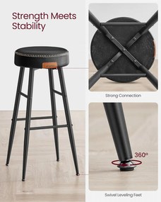 Set 2 scaune bar, diametru 33 cm, piele ecologica / metal, negru, Vasagle