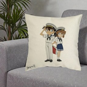 Perna Personalizata Detective Conan Conan si Ai Sailor, 40x40 cm, Ecru, Husa Detasabila, Perna Inclusa, BEKZ®