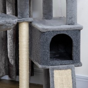 PawHut Ansamblu Zgâriat Pisici cu Stâlpi Sisal, Căsuță, Hamac, Platforme, 127 cm, PAL și Pluș, Gri | Aosom Romania