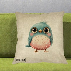 Perna Decorativa Pasare Teal-Roz cu Pete, 40x40 cm, Crem, Husa Detasabila, Perna Inclusa, BEKZ®