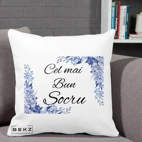 Cadou pentru Socru - Perna Personalizata Cel mai Bun Socru cu Flori Albastre Acuarela, 40x40 cm, Alba Mata, Husa Detasabila, Perna Inclusa, BEKZ®