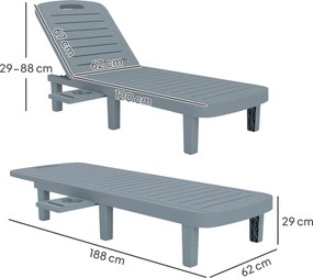 Outsunny Set de 2 șezlonguri, scaun lung cu tăvi retractabile, înclinabil, suprafață cu efect de lemn 62 x 158 x 88 cm, gri | Aosom Romania