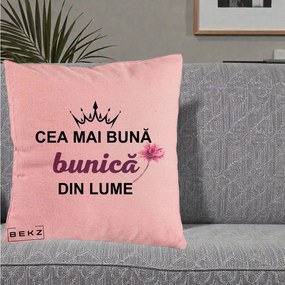 Cadou pentru Bunica - Perna Personalizata Cea Mai Buna Bunica Din Lume Coroana Mov Floare Roz, 40x40 cm, Roz, Husa Detasabila, Perna Inclusa, BEKZ®