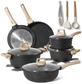Resigilat: Set oale si tigai Just Perfecto JL-789, 15 piese, Finisaj marmura, Inductie, Accesorii, Negru