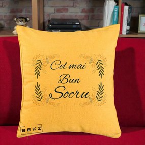 Cadou pentru Socru - Perna Personalizata Cel mai Bun Socru cu Ramuri Frunze Albastre si Aurii, 40x40 cm, Galben, Husa Detasabila, Perna Inclusa, BEKZ®