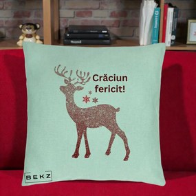 Perna Decorativa Ren Sclipitor Glitter Craciun Fericit, 40x40 cm, Verde Menta, Husa Detasabila, Perna Inclusa, BEKZ®