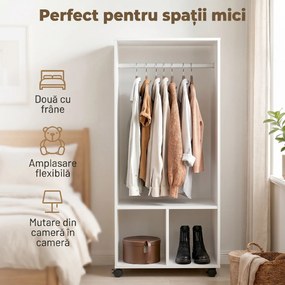 HOMCOM Cuier cu Bară din Aluminiu și 2 Rafturi Deschise, 60x40x128 cm, Alb | Aosom Romania