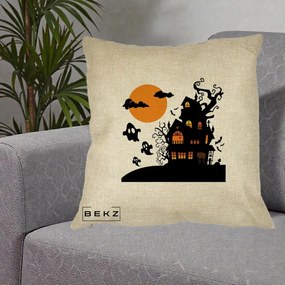 Perna Decorativa Halloween Casa Bantuita cu Fantome, 40x40 cm, Crem, Husa Detasabila, Perna Inclusa, BEKZ®