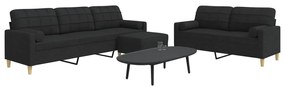 vidaXL Set canapele cu taburet și perne, 3 piese, negru, textil