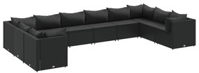 3308283 vidaXL Set mobilier de grădină cu perne, 10 piese, negru, poliratan