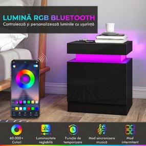 HOMCOM Set 2 Noptiere cu LED și 4 Moduri, 2 Sertare, Lemn, 45x35x52 cm, Negru Lucios | Aosom Romania