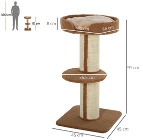 Stalp de Zgariat pentru Pisici cu Pat PawHut, Perna din funie de Sisal, Inaltime 91 cm | Aosom RO