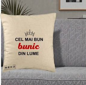 Cadou pentru Bunic - Perna Personalizata Cel Mai Bun Bunic Din Lume Coroana Rosu, 40x40 cm, Bej, Husa Detasabila, Perna Inclusa, BEKZ®