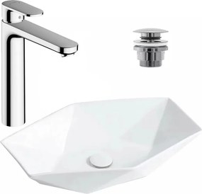 Pachet lavoar pe blat Rea Vegas alb 57 cm, baterie lavoar Hansgrohe Vernis Blend 190 crom si ventil lavoar Click-Clack crom