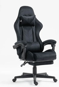 Scaun gaming, masaj în perna lombară, suport picioare, catifea, Negru
