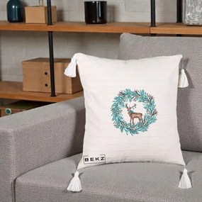 Perna Decorativa Coroana Turcoaz cu Ren, 40x40 cm, Bej cu Franjuri, Husa Detasabila, Perna Inclusa, BEKZ®