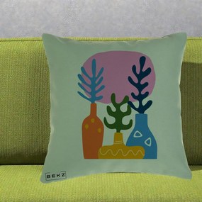 Perna Decorativa Vaze Botanice Abstract, 40x40 cm, Verde, Husa Detasabila, Perna Inclusa, BEKZ®