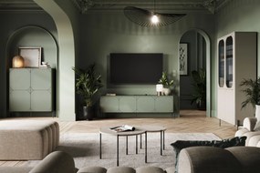 Comodă TV Sonatia 200 cm cu patru uși pe picioare metalice - verde măsliniu