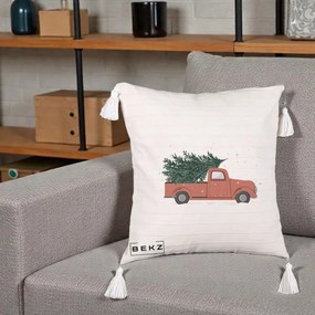 Perna Decorativa Camioneta Terracotta Brad de Craciun, 40x40 cm, Bej cu Franjuri, Husa Detasabila, Perna Inclusa, BEKZ®