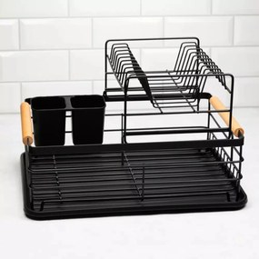 Suport pentru vase pe două niveluri, din oțel, plastic și lemn, negru – KINGHoff KH-1796