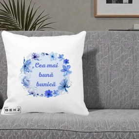 Cadou pentru Bunica - Perna Personalizata Cea Mai Buna Bunica Coronita Flori Albastre Acuarela, 40x40 cm, Alba Mata, Husa Detasabila, Perna Inclusa, BEKZ®