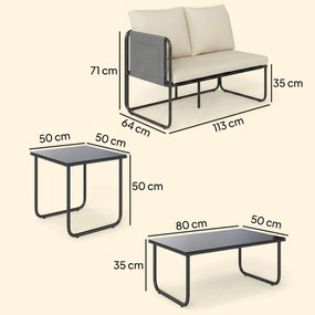 Outsunny Set Mobilier Grădină Exterior 4 Piese cu 2 Canapele 2 Locuri 2 Mese din Sticlă Perne Huse Detașabile și Buzunare Kaki | Aosom Romania