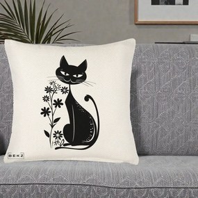 Perna Decorativa Pisica Neagra Grafica Minimalista, 40x40 cm, Crem Reliefat, Husa Detasabila, Perna Inclusa, BEKZ®