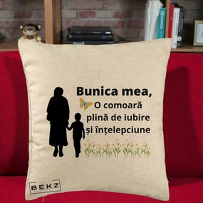 Cadou pentru Bunica - Perna Personalizata Bunica Mea Comoara cu Fluture si Baietel, 40x40 cm, Bej, Husa Detasabila, Perna Inclusa, BEKZ®