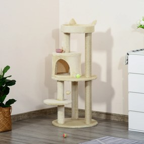 PawHut Ansamblu de Joacă pentru pisici adulte cu căsuță spațioasă și platformă, 104 cm, Crem | Aosom Romania