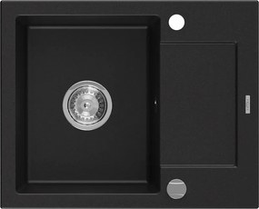 Mexen Enzo chiuvetă din granit cu o cuvă și scurgător, 576 x 465 mm, negru, sifon crom - 6506571005-77
