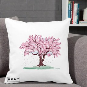 Perna Decorativa Cires Inflorit Acuarela, 40x40 cm, Alba Mata, Husa Detasabila, Perna Inclusa, BEKZ®