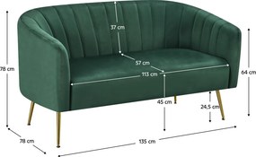 Canapea de design cu 2 locuri, ţesătură Velvet verde închis/gold crom-auriu, BAGY