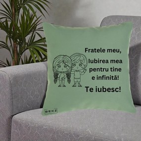 Cadou pentru Frate - Perna Personalizata Fratele Meu Te Iubesc Copii Anime Line Art Negru, 40x40 cm, Verde, Husa Detasabila, Perna Inclusa, BEKZ®