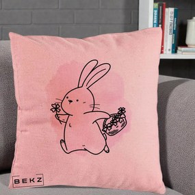 Perna Decorativa Iepuras Kawaii cu Cosulet Floral, 40x40 cm, Roz, Husa Detasabila, Perna Inclusa, BEKZ®