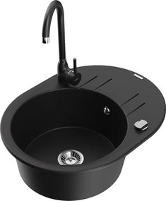 Mexen Kevin chiuvetă de bucătărie granit 1-cameră cu picurător și baterie Telma, negru - 6517-77-670200-70