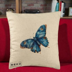 Perna Decorativa Fluture Albastru Satin cu Pete Aurii, 40x40 cm, Bej, Husa Detasabila, Perna Inclusa, BEKZ®