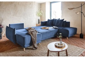 Colțar albastru închis extensibil cu tapițerie din catifea reiată (colț dreapta/în formă de "U") Lazy Lukka – Miuform