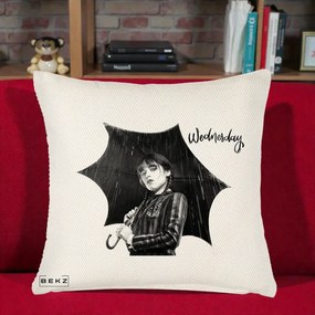Perna Personalizata Wednesday Addams cu Umbrela Foto, 40x40 cm, Crem Reliefat, Husa Detasabila, Perna Inclusa, BEKZ®