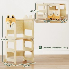 Turn Montessori AIYAPLAY pentru Copii 2-5 Ani cu Tablă și Măsuță, Scăunel pentru Copii din Placaj, 57x39x93 cm, Culoare Lemn | Aosom Romania