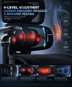 DOWINX SS919 – Scaun ergonomic cu Masaj, Incălzire, Suport lombar reglabil 4 niveluri, Tetieră 4D, Cotiere 5D, Recliner 90°–135°, Suport picioare, Mesh, Bază metalică, Negru