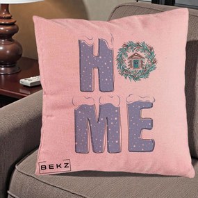 Perna Decorativa HOME Iarna cu Coroana, 40x40 cm, Roz, Husa Detasabila, Perna Inclusa, BEKZ®