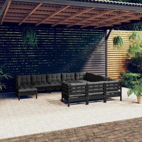 3097047 vidaXL Set mobilier grădină cu perne, 11 piese, negru, lemn de pin